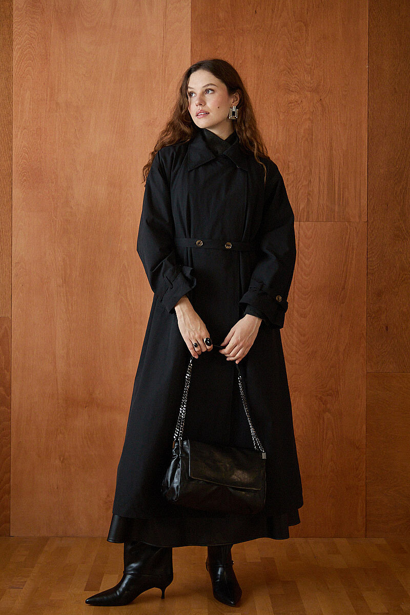 Yüksek Yaka Oversize Trençkot Siyah - 2
