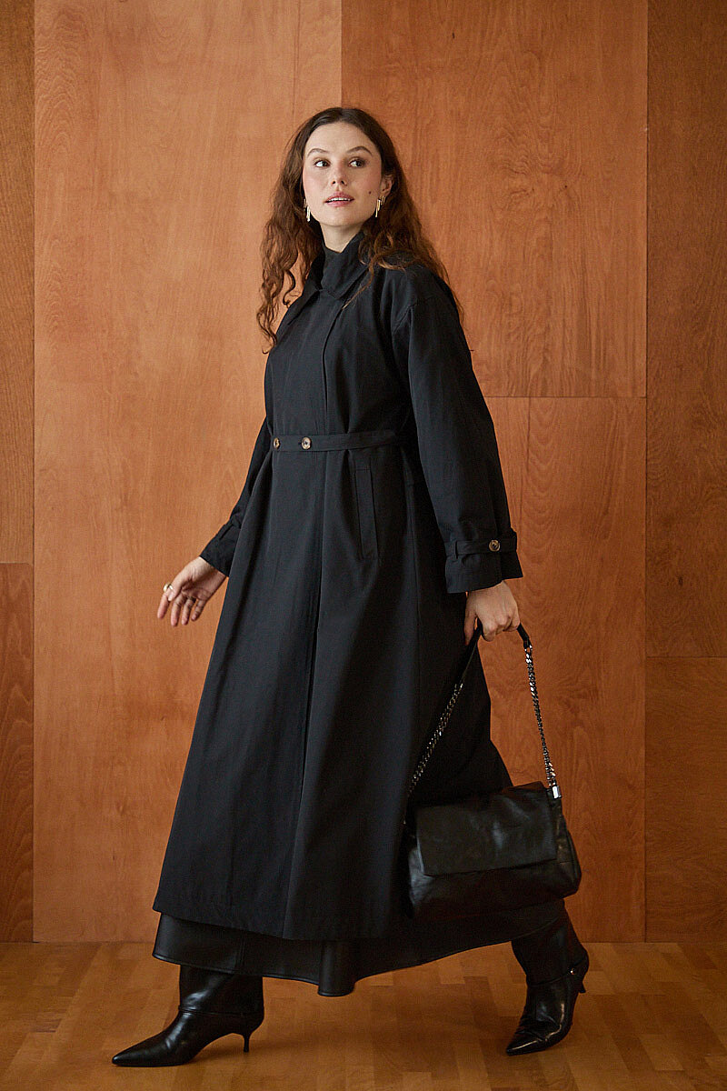 Yüksek Yaka Oversize Trençkot Siyah - 4