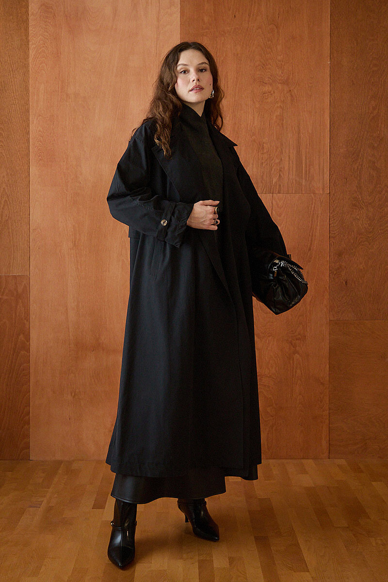 Yüksek Yaka Oversize Trençkot Siyah - 5