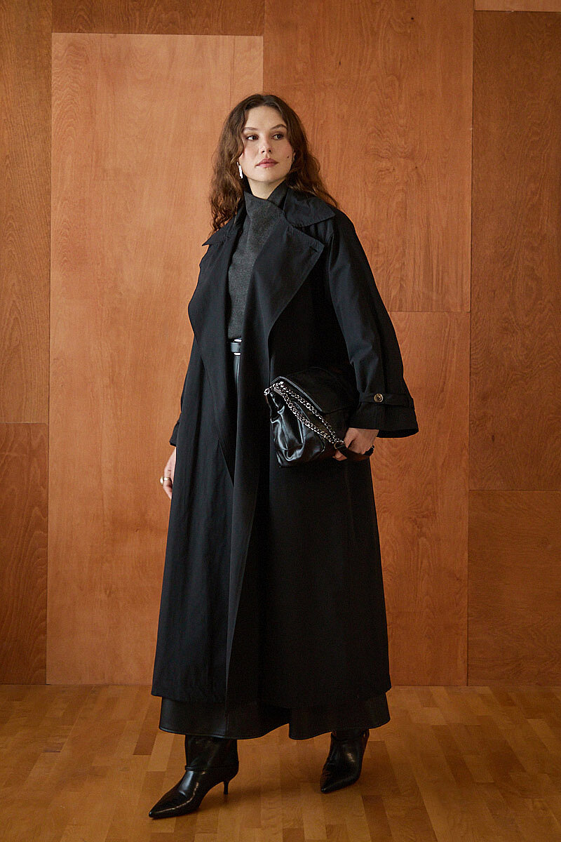 Yüksek Yaka Oversize Trençkot Siyah - 6