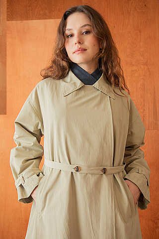 Yüksek Yaka Oversize Trençkot Taş - 2