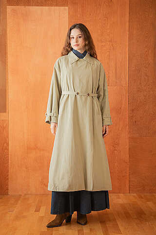 Yüksek Yaka Oversize Trençkot Taş - 5