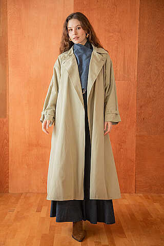 Yüksek Yaka Oversize Trençkot Taş - 4