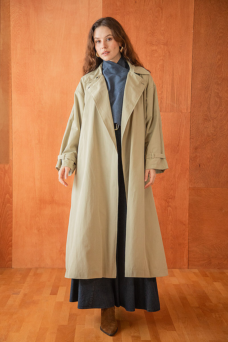 Yüksek Yaka Oversize Trençkot Taş - 4