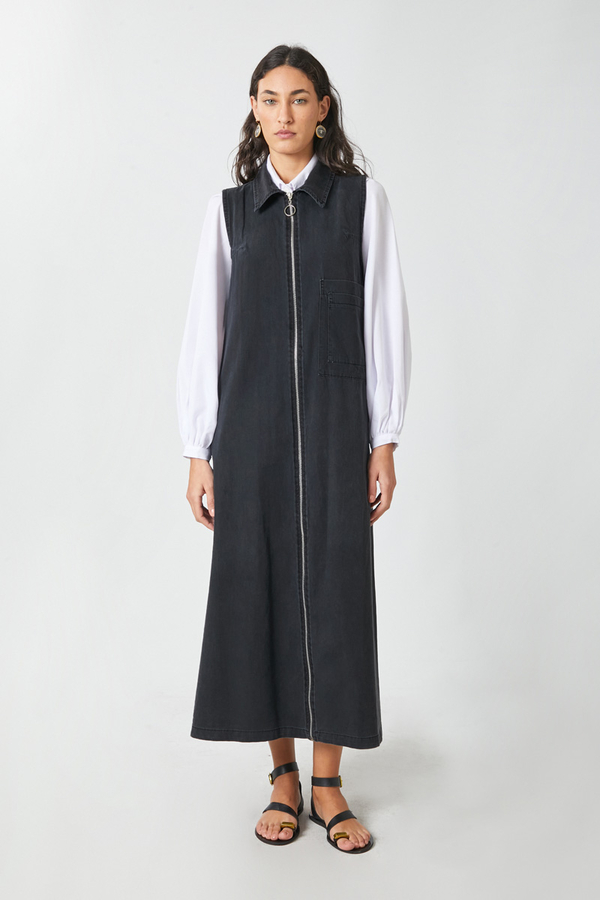 Zippered Denim Pinafore Dress Black - 4