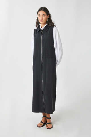 Zippered Denim Pinafore Dress Black - 1