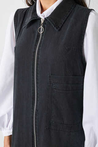Zippered Denim Pinafore Dress Black - 3