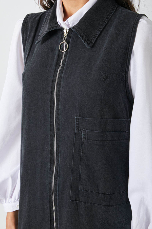 Zippered Denim Pinafore Dress Black - 3