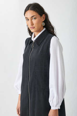 Zippered Denim Pinafore Dress Black - 2