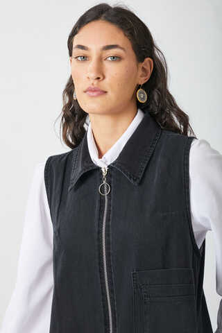 Zippered Denim Pinafore Dress Black - 8