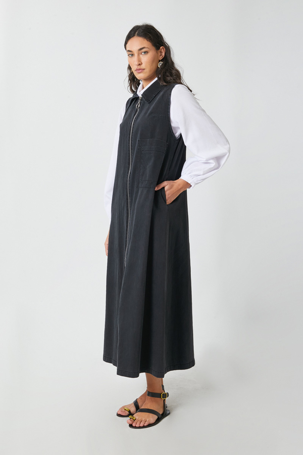 Zippered Denim Pinafore Dress Black - 5