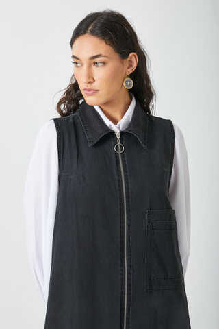 Zippered Denim Pinafore Dress Black - 7