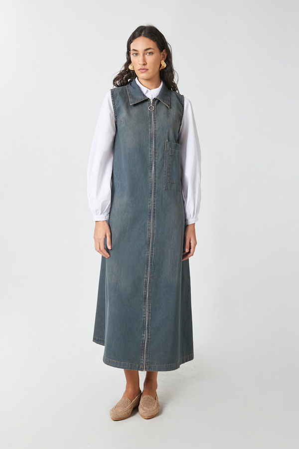 Zippered Denim Pinafore Dress Dark Blue - 3