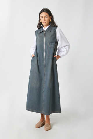 Zippered Denim Pinafore Dress Dark Blue - 10