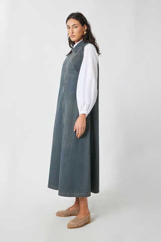 Zippered Denim Pinafore Dress Dark Blue - 11