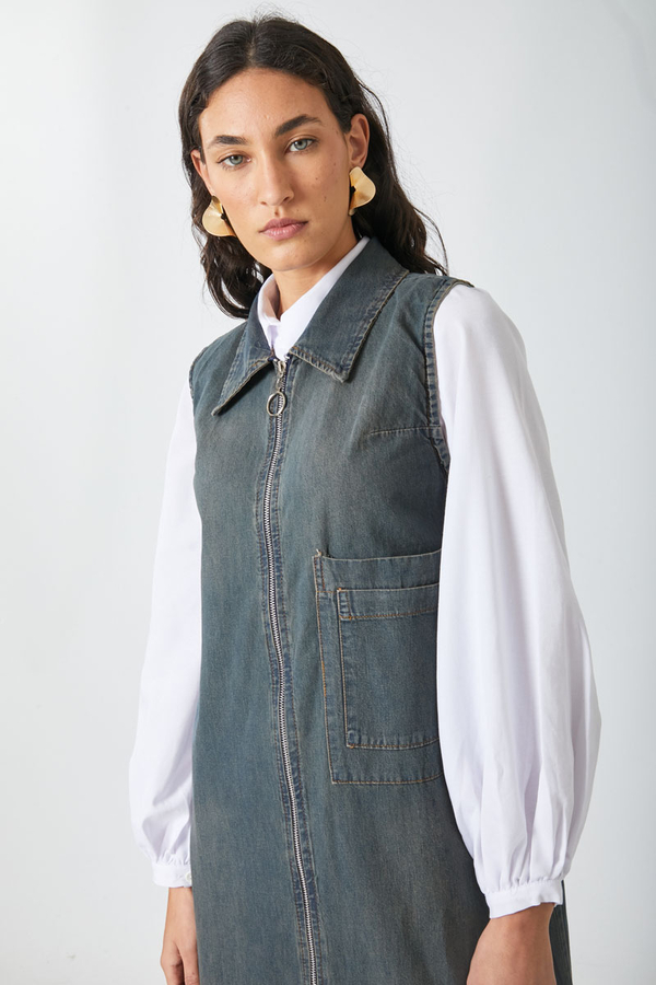 Zippered Denim Pinafore Dress Dark Blue - 6