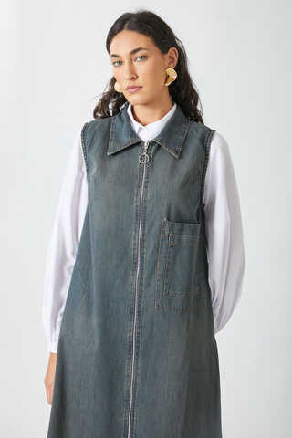 Zippered Denim Pinafore Dress Dark Blue - 1