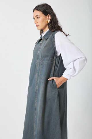 Zippered Denim Pinafore Dress Dark Blue - 5