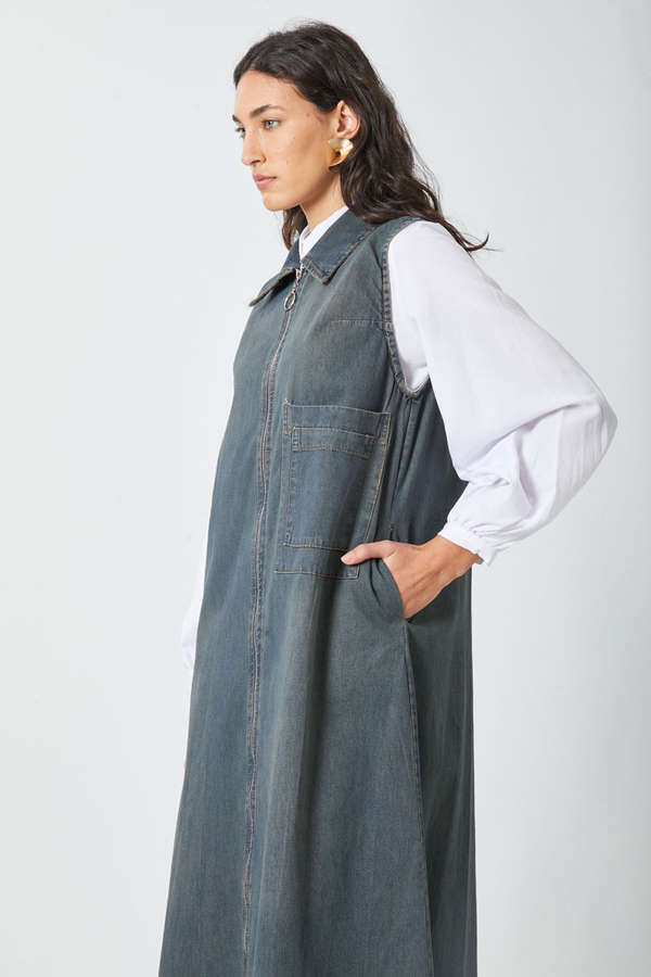 Zippered Denim Pinafore Dress Dark Blue - 5