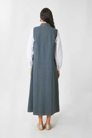 Zippered Denim Pinafore Dress Dark Blue - 12
