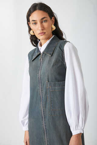 Zippered Denim Pinafore Dress Dark Blue - 6