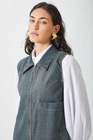 Zippered Denim Pinafore Dress Dark Blue - 2