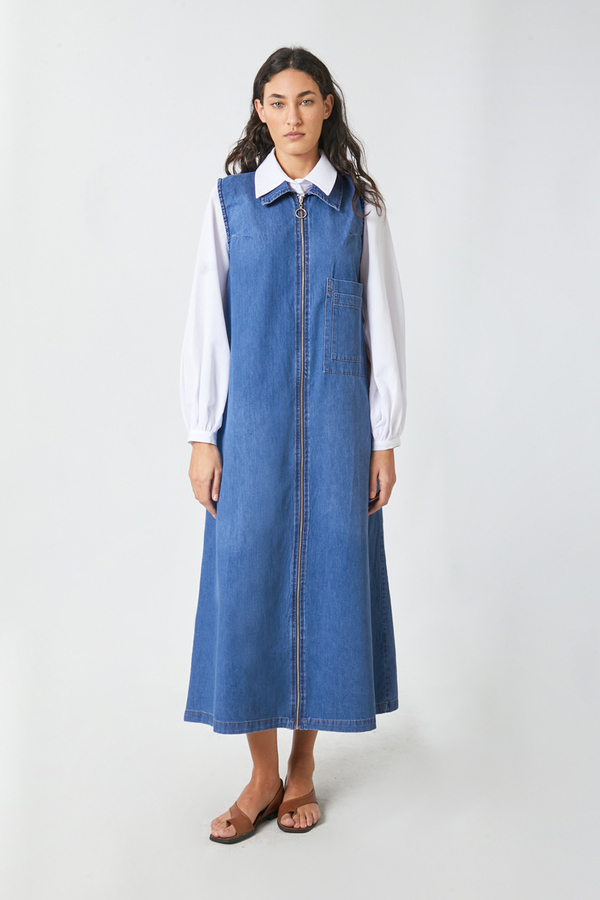 Zippered Denim Pinafore Dress Light Blue 