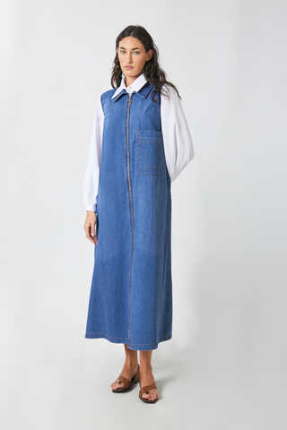 Zippered Denim Pinafore Dress Light Blue - 2