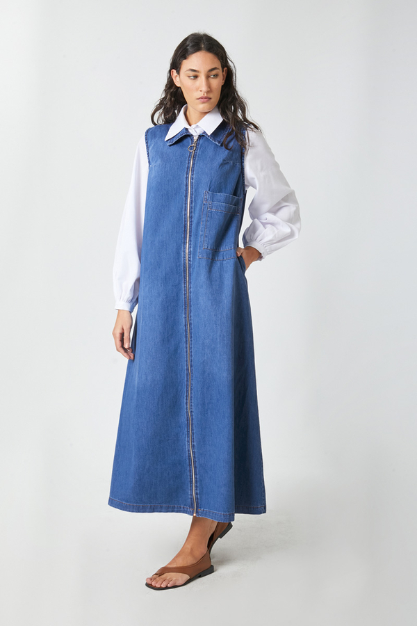 Zippered Denim Pinafore Dress Light Blue - 7