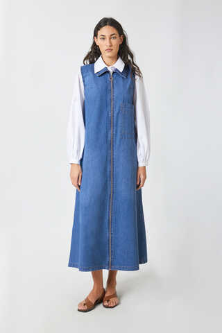 Zippered Denim Pinafore Dress Light Blue - 1