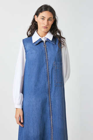 Zippered Denim Pinafore Dress Light Blue - 4