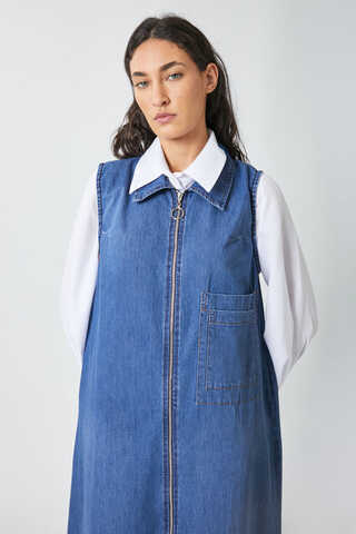 Zippered Denim Pinafore Dress Light Blue - 3