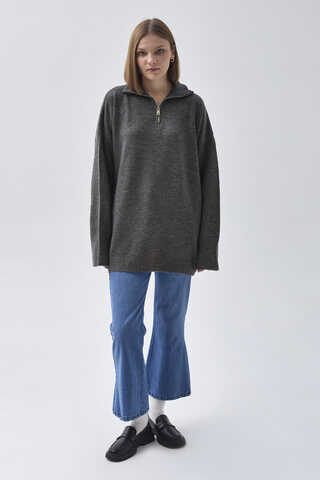 Zippered High-Neck Knit Sweater Anthracite - 2