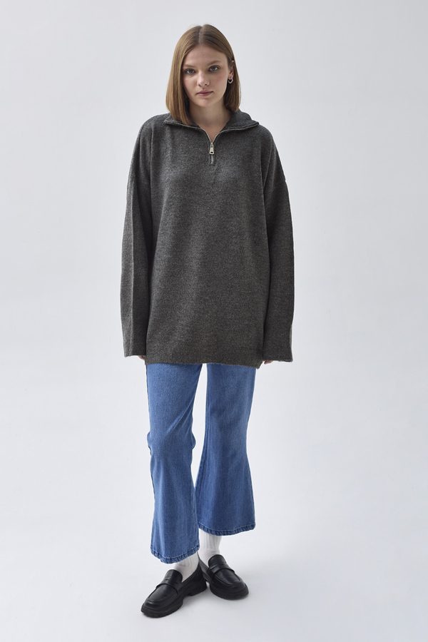 Zippered High-Neck Knit Sweater Anthracite - 2