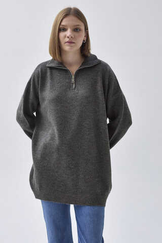 Zippered High-Neck Knit Sweater Anthracite - 3