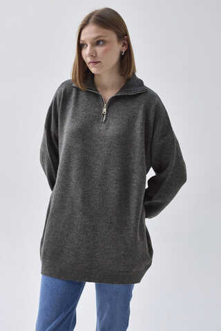 Zippered High-Neck Knit Sweater Anthracite - 4