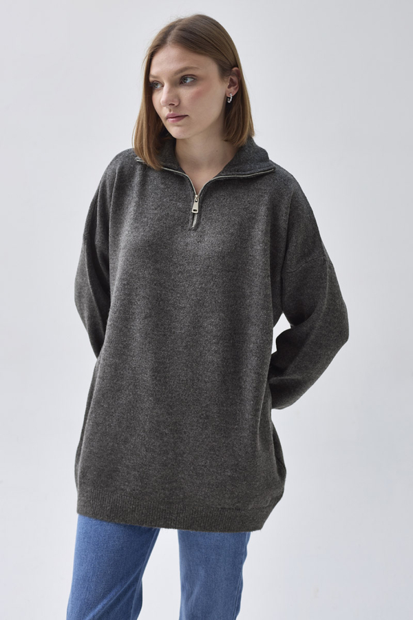 Zippered High-Neck Knit Sweater Anthracite - 4