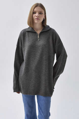 Zippered High-Neck Knit Sweater Anthracite - 5