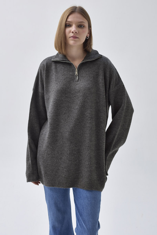 Zippered High-Neck Knit Sweater Anthracite - 5