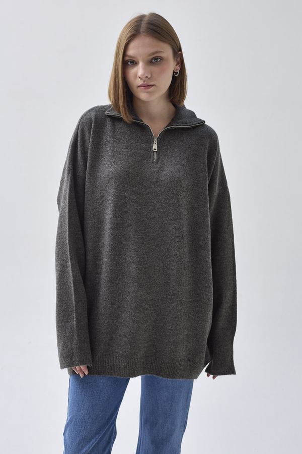 Zippered High-Neck Knit Sweater Anthracite 
