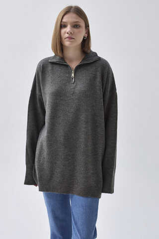 Zippered High-Neck Knit Sweater Anthracite - 6