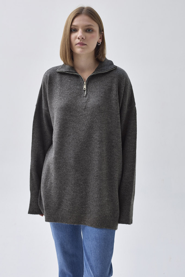 Zippered High-Neck Knit Sweater Anthracite - 6