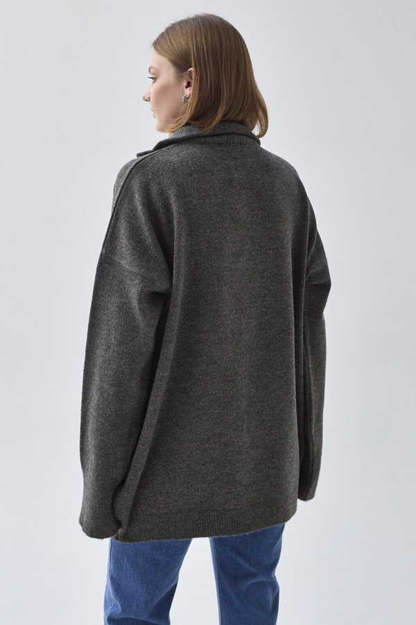 Zippered High-Neck Knit Sweater Anthracite - 7