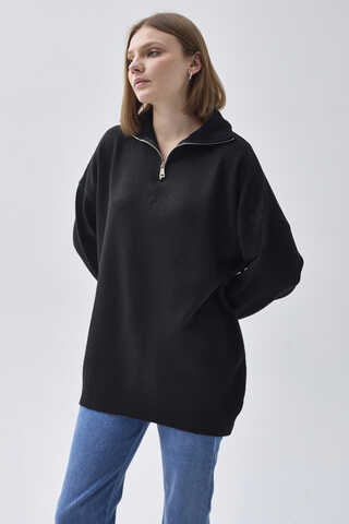 Zippered High-Neck Knit Sweater – Black - 2