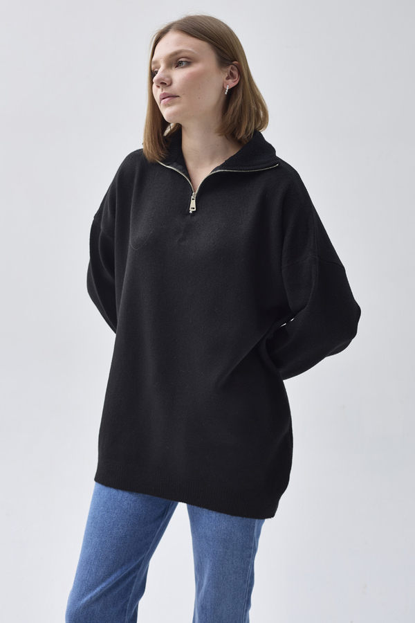 Zippered High-Neck Knit Sweater – Black - 2