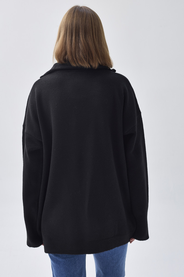 Zippered High-Neck Knit Sweater – Black - 6