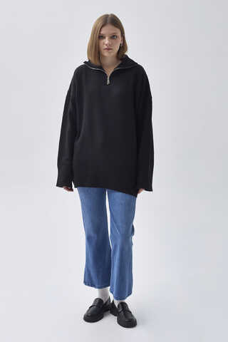 Zippered High-Neck Knit Sweater – Black - 1