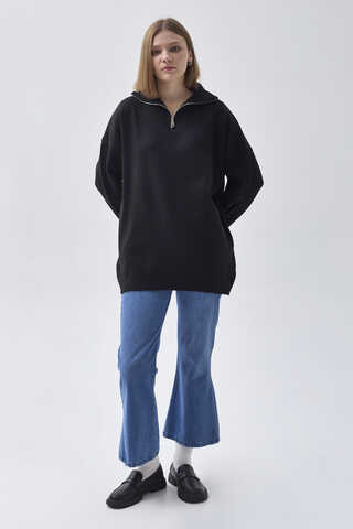 Zippered High-Neck Knit Sweater – Black - 3