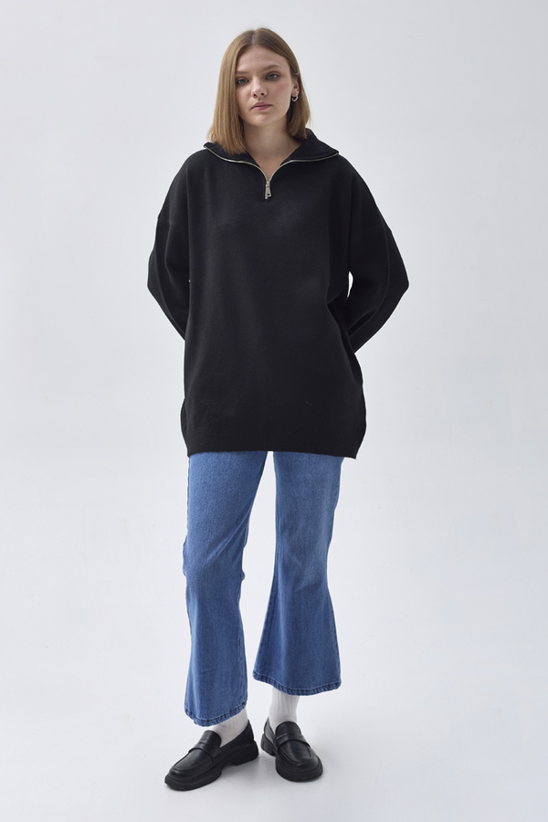 Zippered High-Neck Knit Sweater – Black - 3