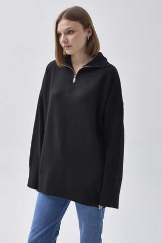 Zippered High-Neck Knit Sweater – Black - 4